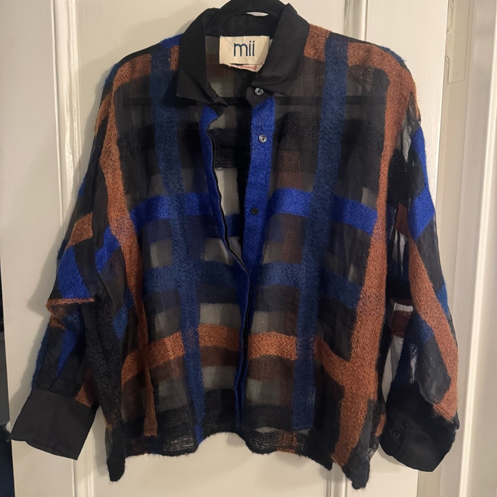 Mii Sheer Black Shirt with Blue & Brown - Size M